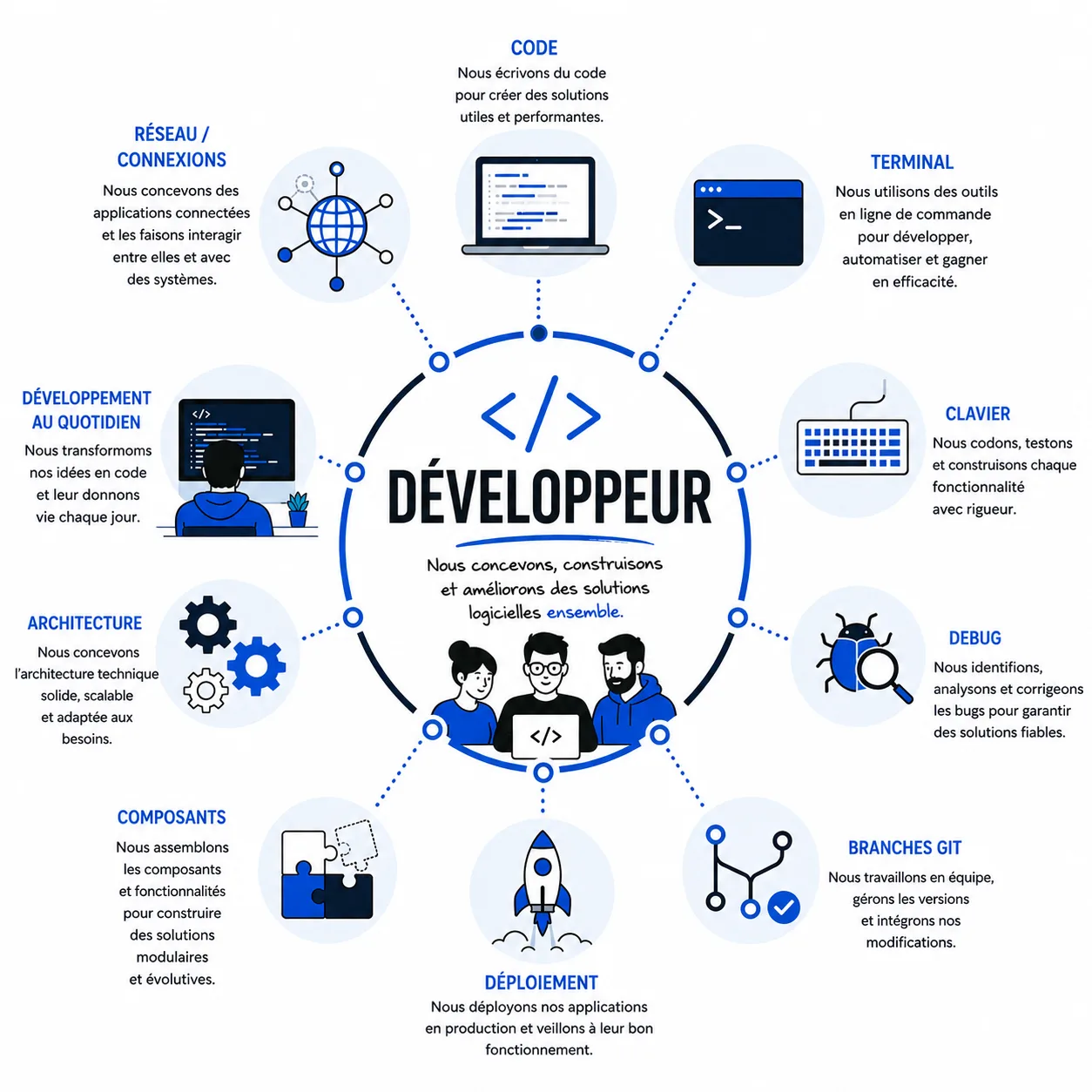 Métier développeur : code, architecture, déploiement, branches Git et IA