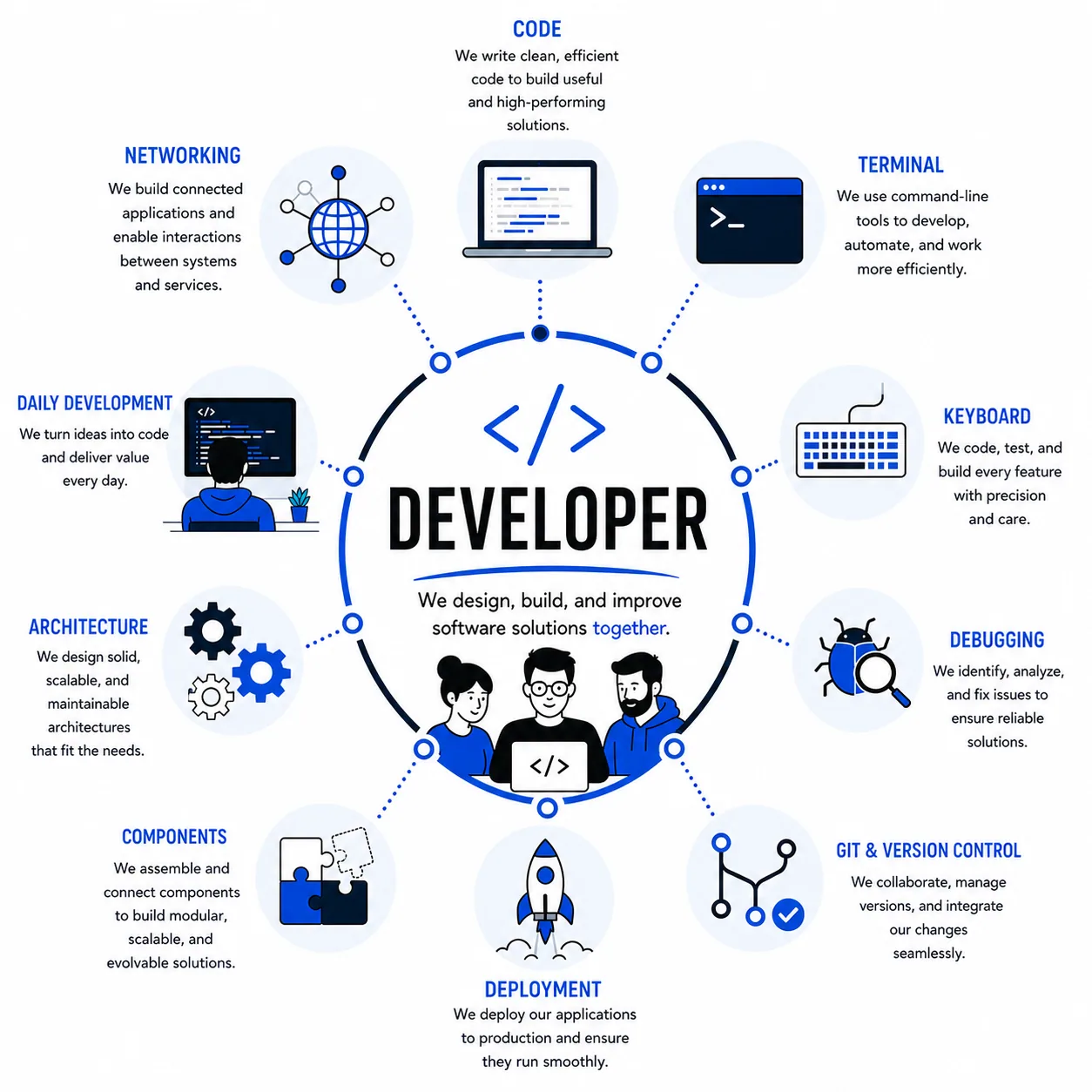 Developer role: code, architecture, deployment, Git branches, and AI