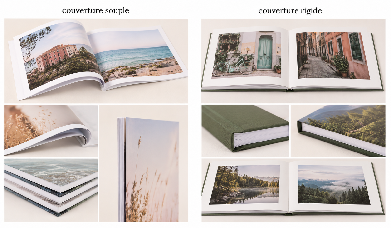 Comparison of OMBREMIMS photo books: open soft cover and bound hardcover