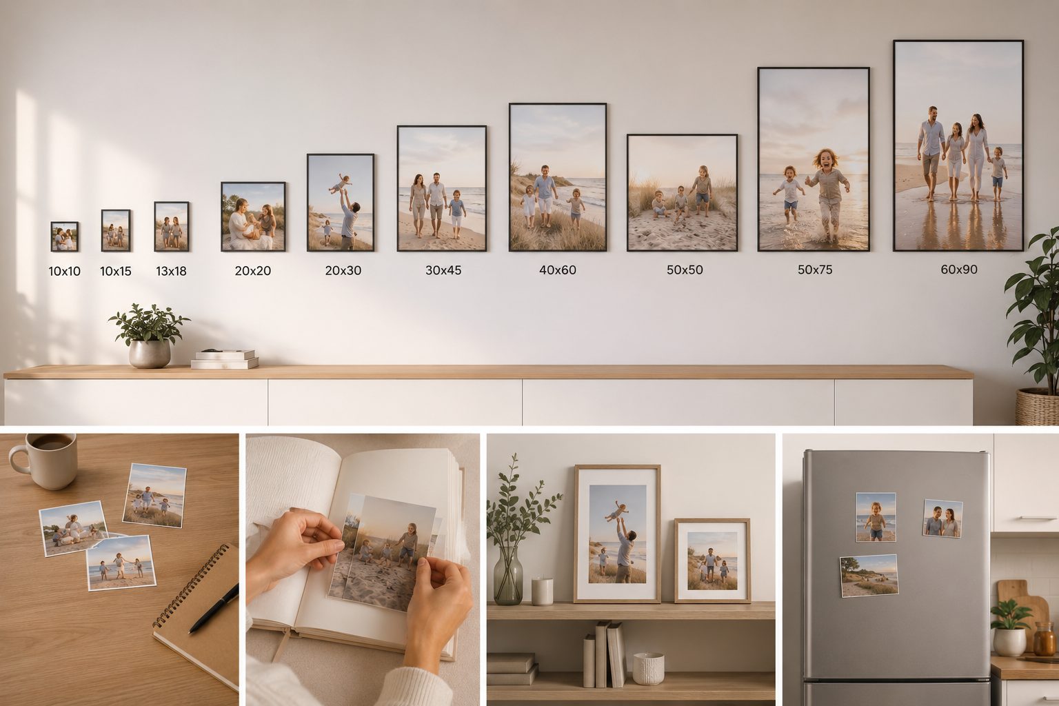 Comparison of OMBREMIMS photo print formats and examples of finishes (wall, desk, book, magnets)
