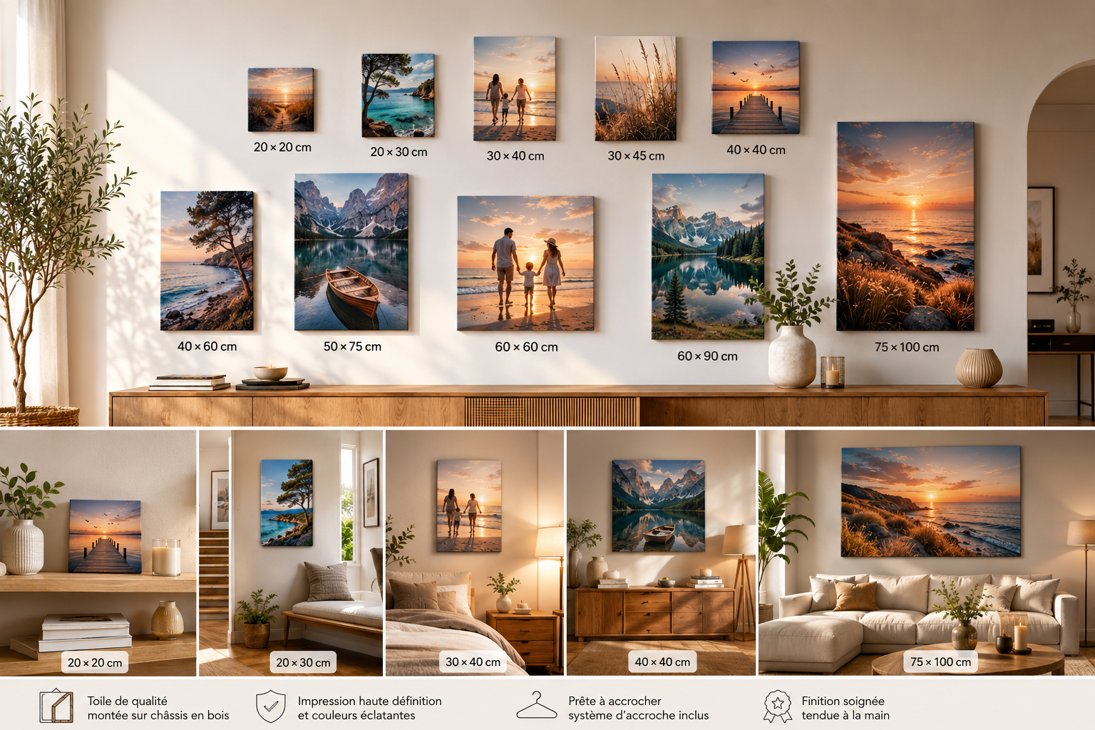 Comparison of OMBREMIMS canvas formats (20×20 to 75×100 cm) and in-room settings